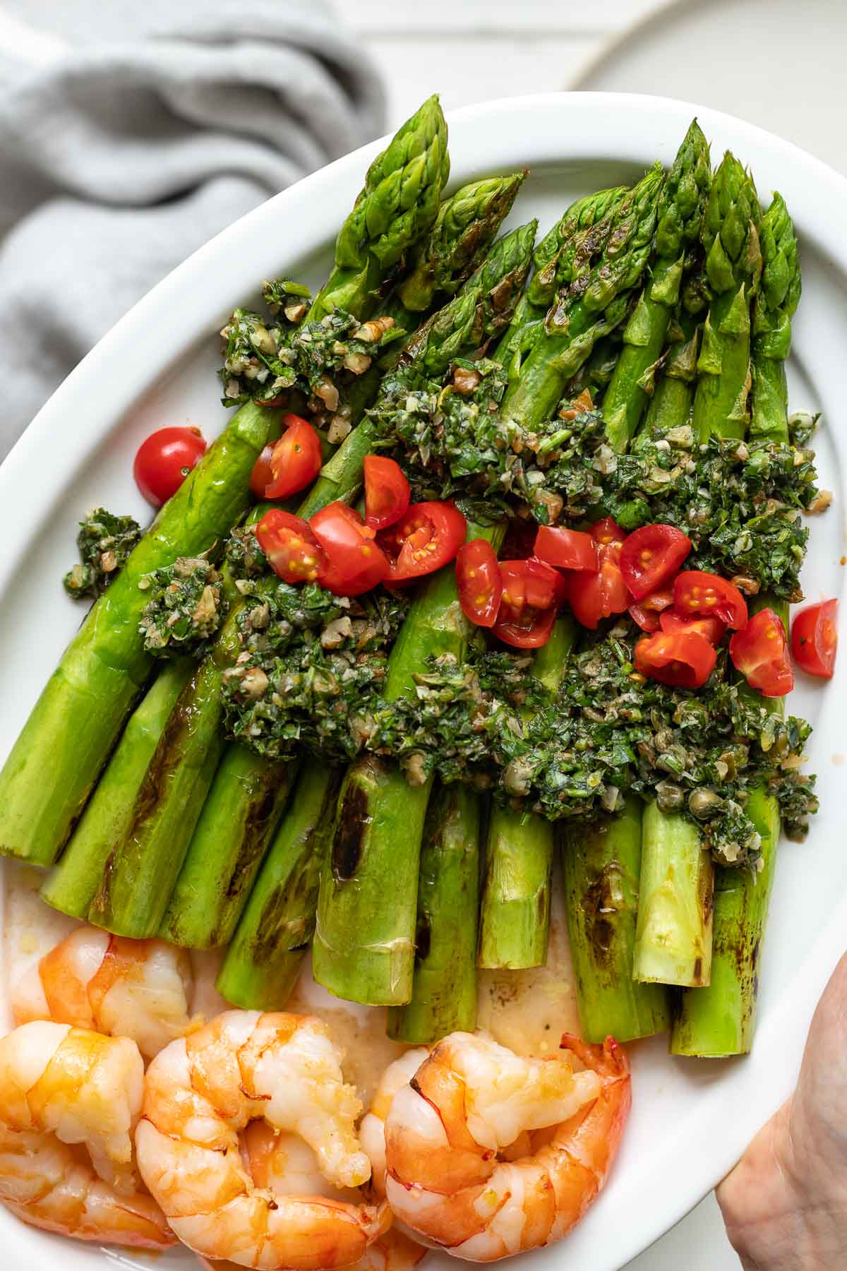 Grilled asparagus with Italian salsa verde & king prawns recipe